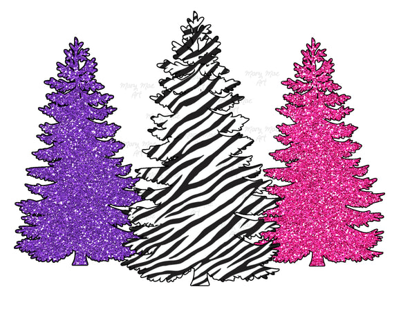 Zebra Pink and Purple Christmas Trees, Sublimation Transfer