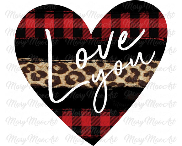 Love you, black plaid Leopard heart - Sublimation or HTV Transfer